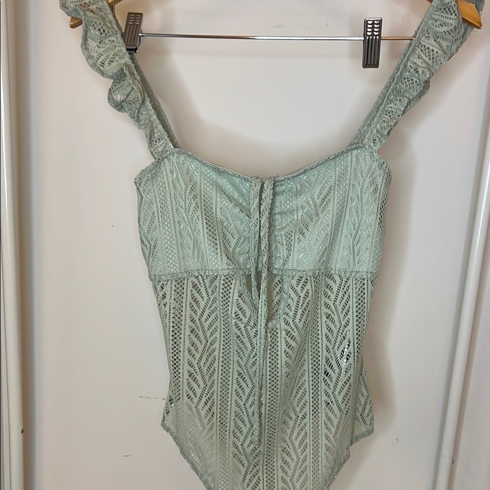 Free People Ruffle Strap Bodysuit in Light Green